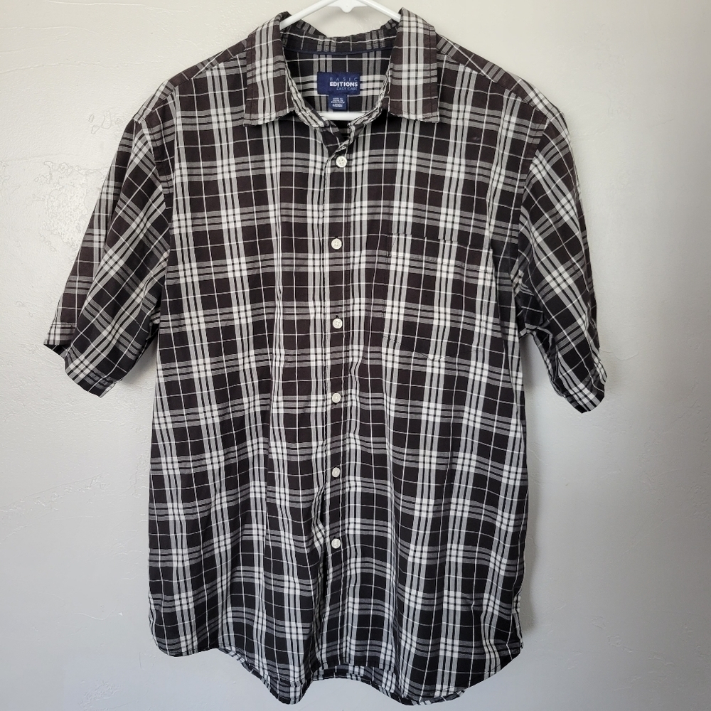Basic Editions Men's Large Short Sleeve Plaid Button Up Shirt Black White Dress